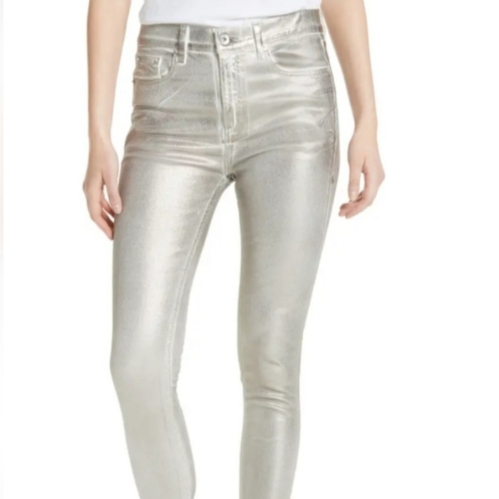 Rag & Bone Skinny Metallic Silver Asymmetric Ankle Jeans Size 26 Rock Club Chic